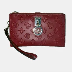 GUESS, Burgandy Ninnette Logo Maxi Wallet with Silver Hardware and Embossed Logo